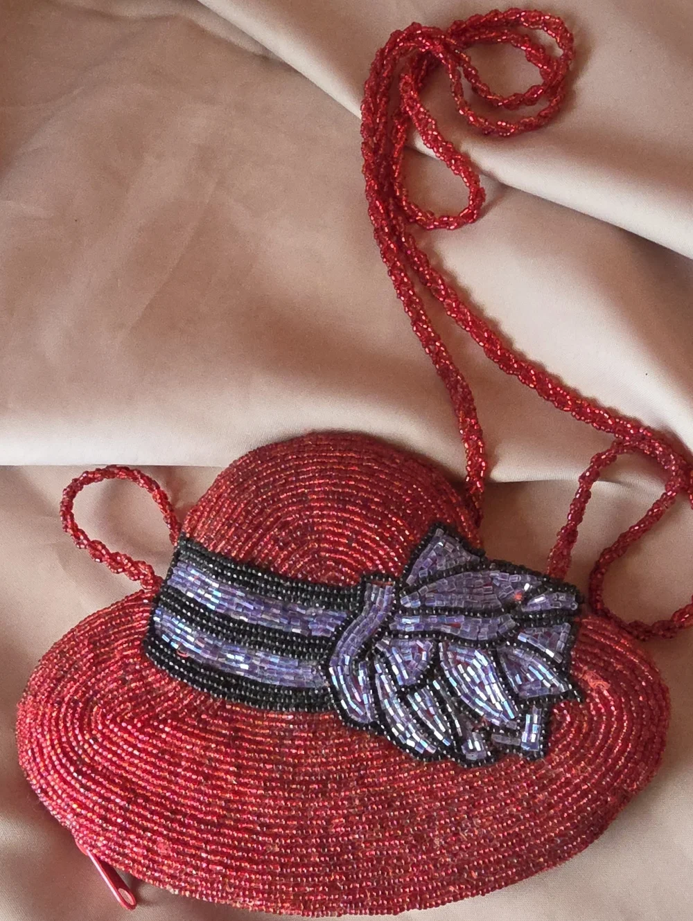 Red Hat Society Beaded Hat-Shaped Crossbody Bag with Purple Bow
